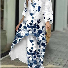 Women's Fashion Spring/Summer Casual Loose Irregular Printed Nine Sleeve Round Neck Shirt High Waist Wide Leg Pants 2-piece Set