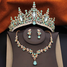 3 Pcs Princess Wedding Crown Jewelry Sets and Tiaras Green Pink Bride Necklace Earrings Set Girls Prom Birthday Accessory