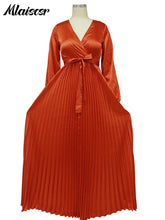 Mlaiscsr Elegant Wedding Guest Pleated Long Dress Women V Neck Lantern Sleeves Sashes Big Swing Sexy Birthday Party Evening Robe