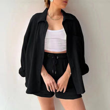 Women's Short Sets 2 Pcs Sale Grass Green Loose Button Cardigan Blouse Coats & Drawstring Wide Leg Loose Short Pant Suits