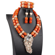 Artificial Coral Women Pendant Necklace Bracelets Earrings Suit African Wedding Jewelry Set Nigeria Bride Accessories Party Gift