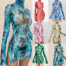 Top Selling Mesh Printed Round Neck Womens Dresses For Teens Plus Size Bell Sleeve Side Open Hip Dress Vestidos Para Mujer