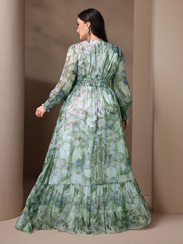 TOLEEN Plus Size Women V-Neck Lantern Sleeve Ruffle 2024 Spring Summer Casual Elegant Floral Print Vacation Party Long Dresses