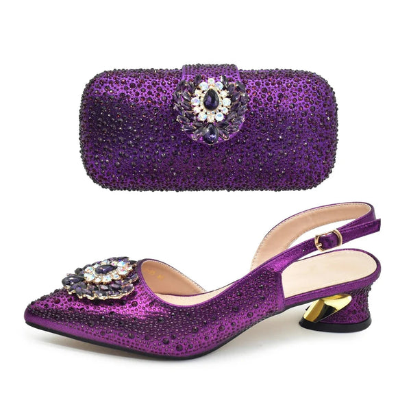 Purple Shoe and Bag Set for Party Women Shoes and Bags To Match Set Italy Elegant Rhinestone Lady Heeled Pumps Women Wedding