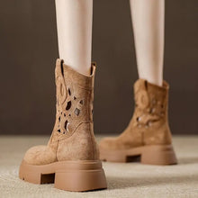2025 New Women's Suede Western Cowboy Boots, Thick Sole Vintage Cutout, Breathable Elevated Heel, Summer Ankle Boots