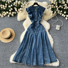 WTHT Fashion Women's Ruffled Edge Sleeveless Denim Long Dress 2024 Autumn O-neck Single Breasted Pleated Dresses Female 1LS125