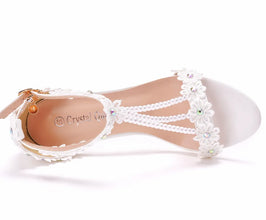 Plus Size 34-43 Shoes for Women Summer Lace Flower Sandals Peep Toe Fashion String Bead High Heel Party Wedding Evening Shoes