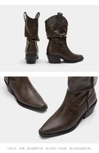 Women Chunky Heeled Western Boots Faux Suede Ankle Boots Woman Autumn Vintage Loose Tube Pleated Mid Calf Cowboy Botas Mujer