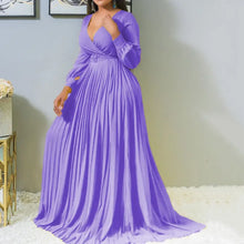 African Dresses for Women Spring Summer African Long Sleeve V-neck Polyester Solid Color Long Pleated Dress Maxi Dress S-5XL