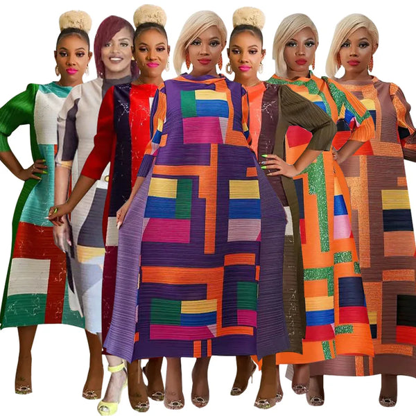 2023 Fashion African 3/4 Sleeve Polyester Plus Size O-Neck Pleated Long Dress Dashiki African Clothes African Dresses for Women