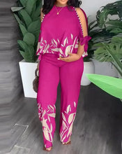 2024 Spring Summer Fashion New Printed Set Women Loose Casual Round Neck Raglan Hollow Five Quarter Sleeve Trousers Suit Lady