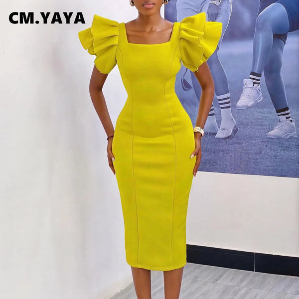 CM.YAYA Women Ruffles Short Sleeve Square Collar Knee Length Dress Street Vestidos Sexy Night Club Party Evening Chic Dresses