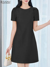 ZANZEA Korean Fashion Puff Sleeve Short Dresses Commute Elegant Solid Fitted Waist Party Robes Women Textured A-line Vestidos