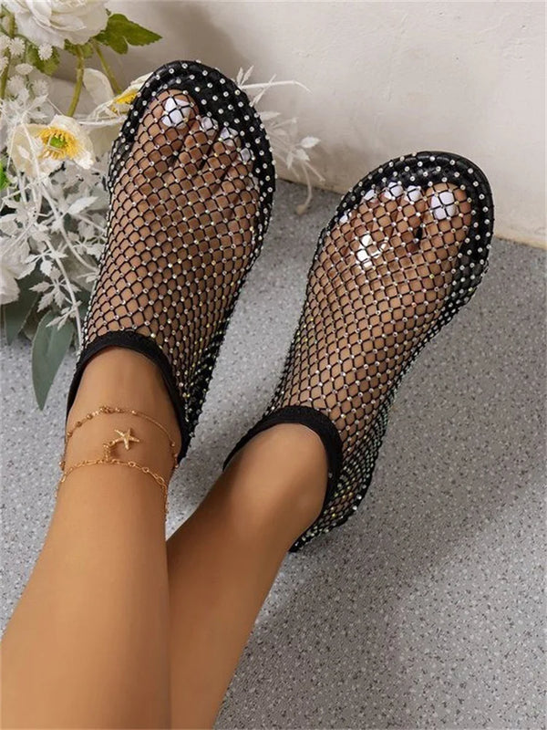 Msfilia Round Toe Sandals With Hollowed Out Internet Famous Diamond Studded Short Boots Summer Sexy Plus Size Flat Shoes