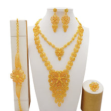 Dubai Gold Color Jewelry Set For Woman Bridal Nigerian African Long Chain Necklace Earrings Bracelet Ring Jewellery Set