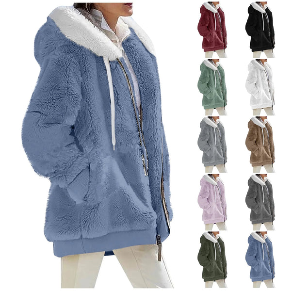 Women's Winter Fashionable Hooded Fleece Solid Color Jacket