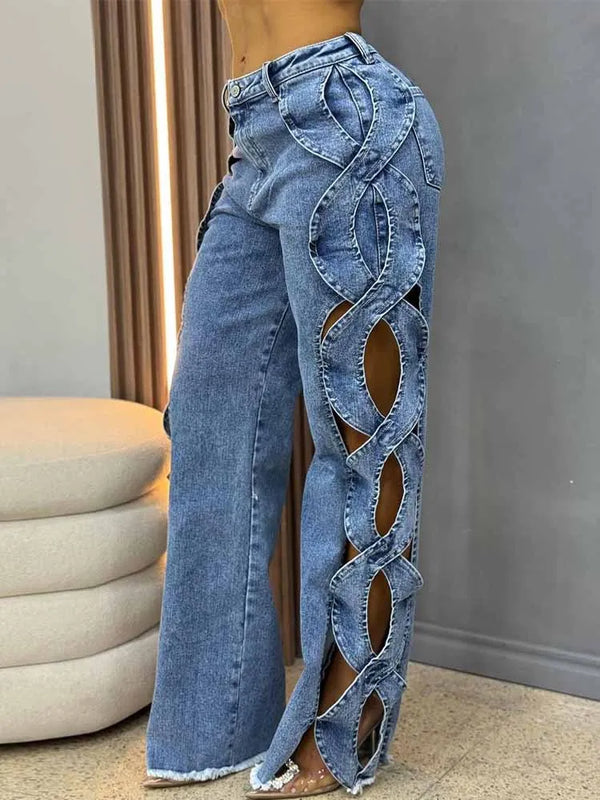BKQU Fashion Streetwear Y2k Hollow Out Jeans Women High Waist Side Cross Cutout Wide Leg Blue Denim Pants Elegant Party Jean2025