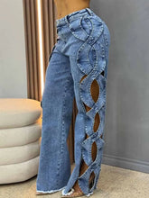 BKQU Fashion Streetwear Y2k Hollow Out Jeans Women High Waist Side Cross Cutout Wide Leg Blue Denim Pants Elegant Party Jean2025