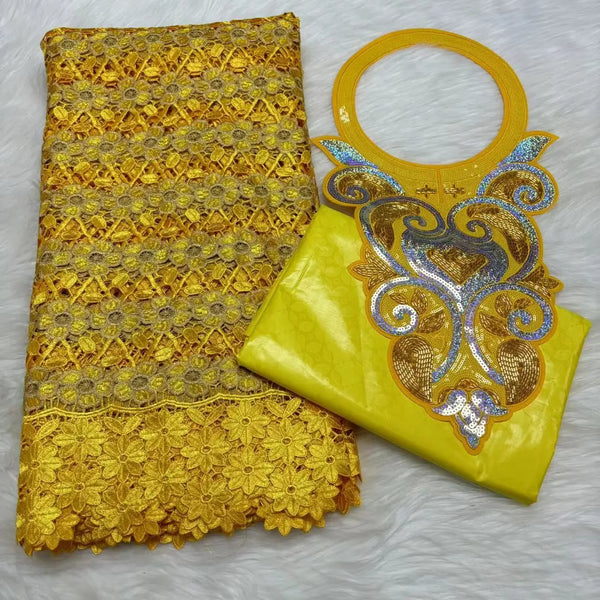 Gold 2.5yards Bazin Riche Fabric with 2.5yards  Cotton Lace Embroidery Fabrics and Collar African Materials For Sewing M5-509-1