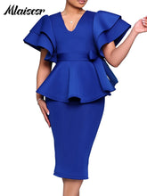 Mlaiscsr Elegant Evening Purple Mid Dress Women V-neck Ruffled Short Sleeved Lace Up Waist Bag Buttocks African Birthday Robe