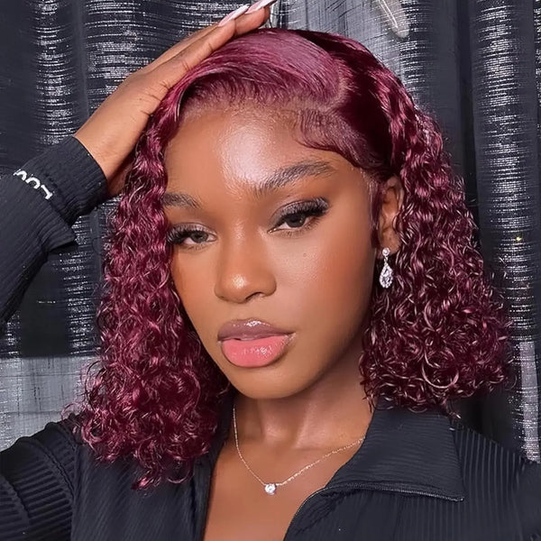 99J Burgundy Color 14Inch Water Wave 13x4 Bob Wig For Women Brazilian Pre Plucked Transparent Lace Human Hair Bob Wigs