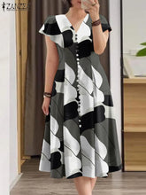 ZANZEA Summer Fashion Women's Printed Dress Short Sleeve V-Neck Robe Casual Holiday Sundress Elegant Fitted Wiast Vestidos 2025