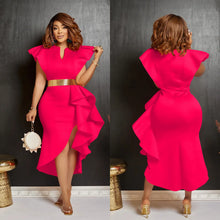 CM.YAYA Women Flare Short Sleeve High Side Split Ruffles Bodycon Midi Dress 2023 Autumn Vestidos Sexy Party Birthday Dresses
