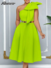 Mlaiscsr Woman One Shoulder Bow High Waisted Birthday Party Wedding Elegant A Line Pleated White Mid Dresses with Belt Outfits
