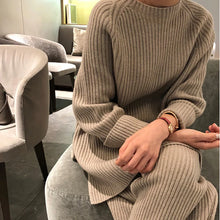 Women Elegant O Neck Loose Sweater and Wide Leg Knitting Trousers Suits Autumn Winter Two Piece Set Vintage Solid Jumper Outfits