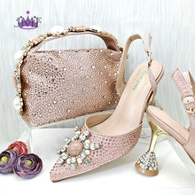 JMF New arrive Italian Design Blue Women's Fashion Rhinestone Pearl Point Toe Stiletto Heels Sandals Women's Shoes & Bag Set