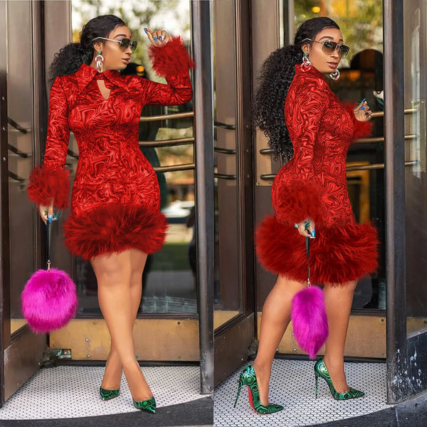 2024 cross-border hot fashion, elegant and sexy printed long sleeved lapel splicing plus size hip hugging slim fit dress