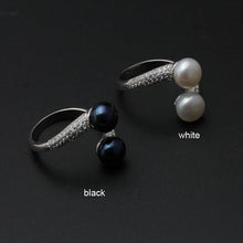 Beautiful Natural Double Pearl Rings For Women,Wedding 925 Silver Pearl Ring Adjustable Wife Mother Birthday Gift White Black