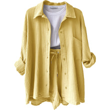 Women's Short Sets 2 Pcs Sale Grass Green Loose Button Cardigan Blouse Coats & Drawstring Wide Leg Loose Short Pant Suits
