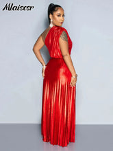 Mlaiscsr Metallic Golden One Shoulder Sleeveless Pleated A-Line Long Dress Elegant Women Luxury Birthday Evening Gowns Vestidos