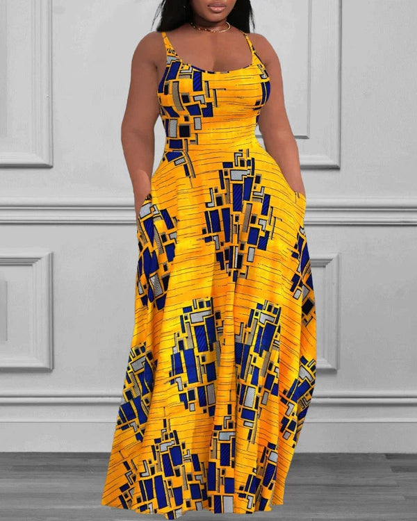 Women Plus Size Casual Tank Dress Yellow Geometric Print U Neck Sleeveless Sundress Pocket Vintage Slim Maxi Dress Sundress