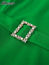 Mlaiscsr Elegant Office Lady Dresses for Women Green O Neck Pearl Mesh Lantern Sleeve Belt A-line Celebrate Event Party Gowns