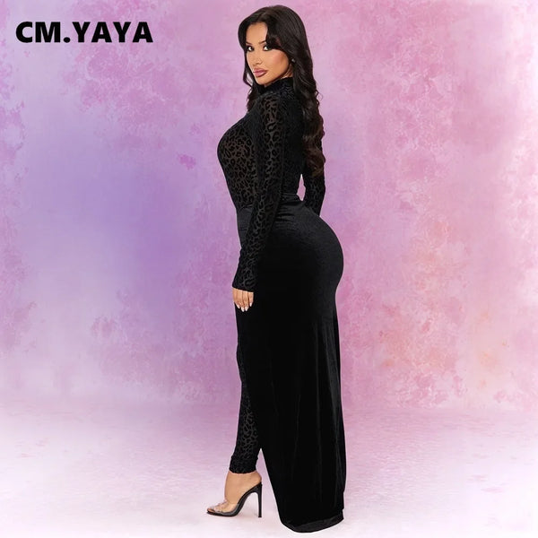 CM.YAYA Women's Set Leopard Velvet Long Sleeve Jumpsuits +Long Skirts 2025 Spring Streetwear Sexy Party Two 2 Piece Sets Outfits