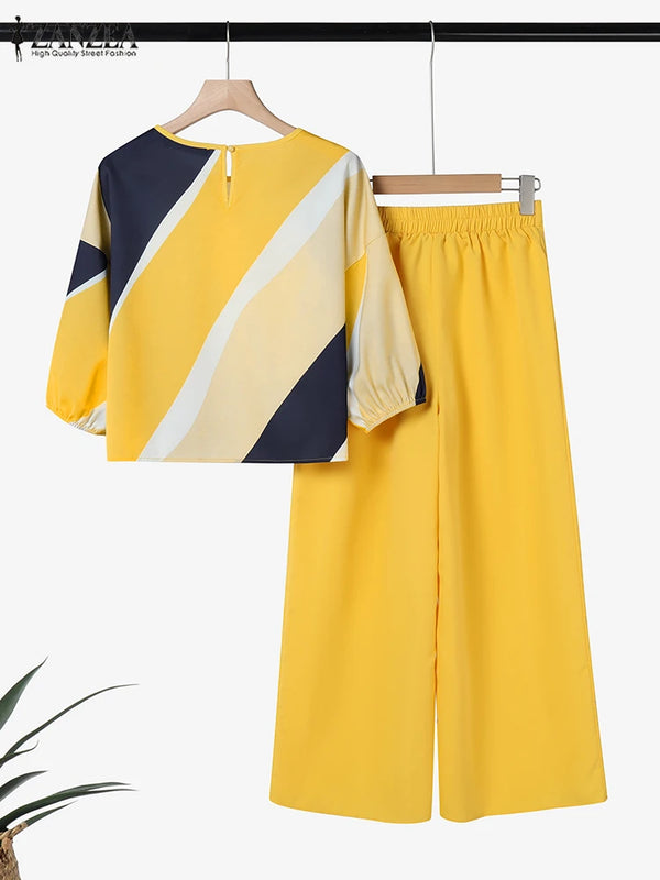 2PCS Summer Pant Sets ZANZEA Fashion Women Outfits 3/4 Sleeve Printed Blouse Trousers Suit Casual Work Tracksuits Matching Sets