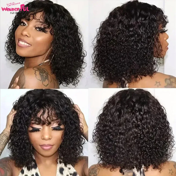 Brazilian Jerry Curl Human Hair Bob Wigs With Bang For Black Women Wonderful Black Dark Remy Bob Hair Machine Made Cheap Wigs