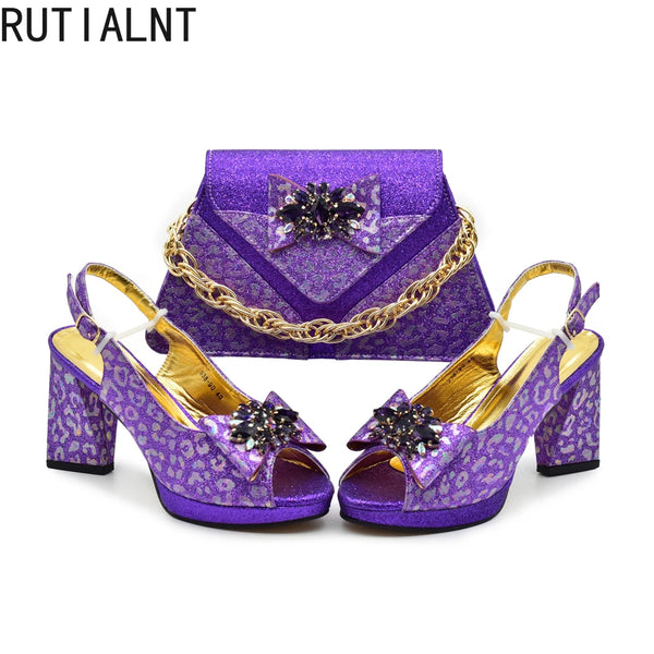 Newest Arrival Purple Color Peep Toe Women Sandals Shoes Matching Bag Set for Ladies Wedding Party Pumps Designer Shoes and Bag