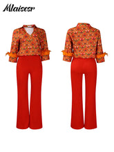Mlaiscsr Elegant Print Feather Long Sleeve and Wide Leg Pants 2 Pieces Women Matching Sets Fashion Office Lady Birthday Outfits