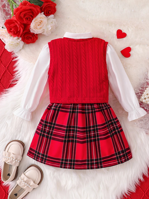 Children's Spring and Autumn New Girl Fashion Cute Three Piece Set Knitted Red Tank Top+Lace Collar Lining+Checkered Half Skirt