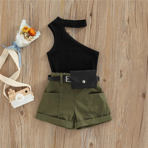 1-5 Years Infant Girl Casual Set Tanks Tops + Shorts + Waist Bag Pockets Decoration Casual Style Girls Summer Clothing Set