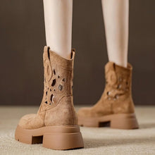 2025 New Women's Suede Western Cowboy Boots, Thick Sole Vintage Cutout, Breathable Elevated Heel, Summer Ankle Boots