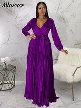 Mlaiscsr Elegant Wedding Guest Pleated Long Dress Women V Neck Lantern Sleeves Sashes Big Swing Sexy Birthday Party Evening Robe