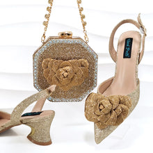 QSGFC Evening Shoes And Bags Set With Full Diamond Handmade Petal Clutches Pointed Toe Mid-Heel Women Shoes