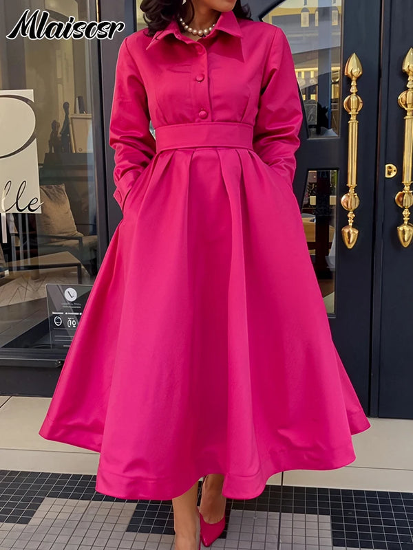 Mlaiscsr Lapel Button A Lint Khaki Mid Dress Women Elegant Office Long Sleeve Bandage Pocket Pleated Birthday Commuter Vestidos