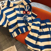 Spring and summer casual fashion sportswear slim fit striped printed short sleeved top+shorts two-piece set