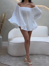 Women's Sexy One Shoulder Pleated Chiffon Long Sleeve Shorts 2 Piece Fashion Loose Shawl Sleeves Elegant Female Beach Shorts Set