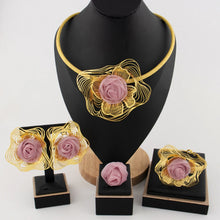 Shining Gold Plated Pink Big Flower Shape Necklace Bangle Earrings Ring Women Jewelry Set for Party Wedding Gifts
